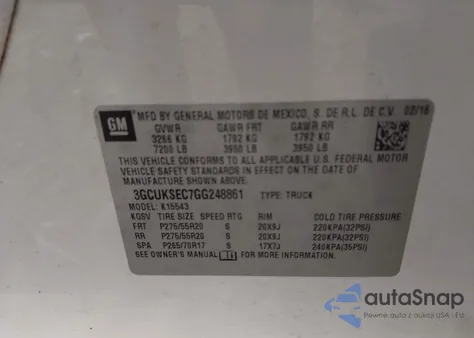 2016 Chevrolet Silverado 1500 2Lz из США, поврежденный, VIN 3GCUKSEC7GG248861